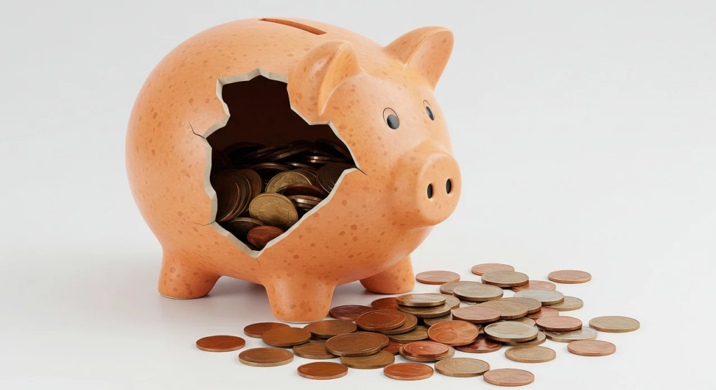 emergency fund savings represented by cracked piggy bank with coins inside